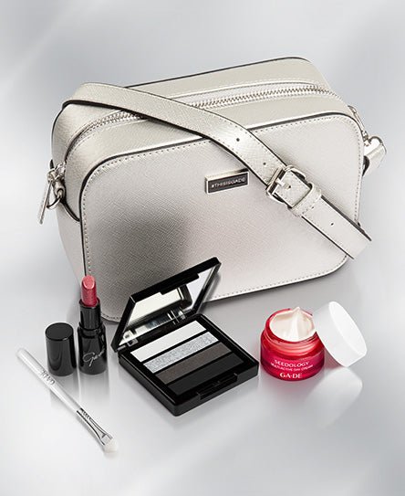 crossbody cosmetic travel bag SILVER – GA-DE Cosmetics dringbags 100g 3.5oz Fishing Flat elastic pockets Model:X-101HA | 7.3:1 | Left Hand